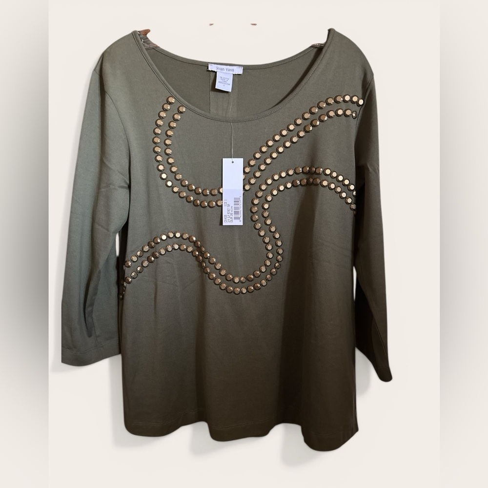 Rafaella Olive Stud-Embellished Scoop Neck Top